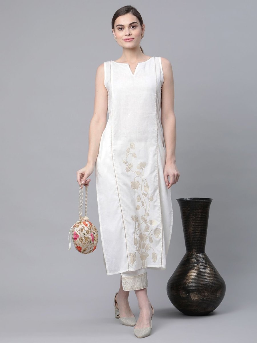 Ahalyaa Women Off White Pure Cotton Printed Kurta with Trousers - Distacart