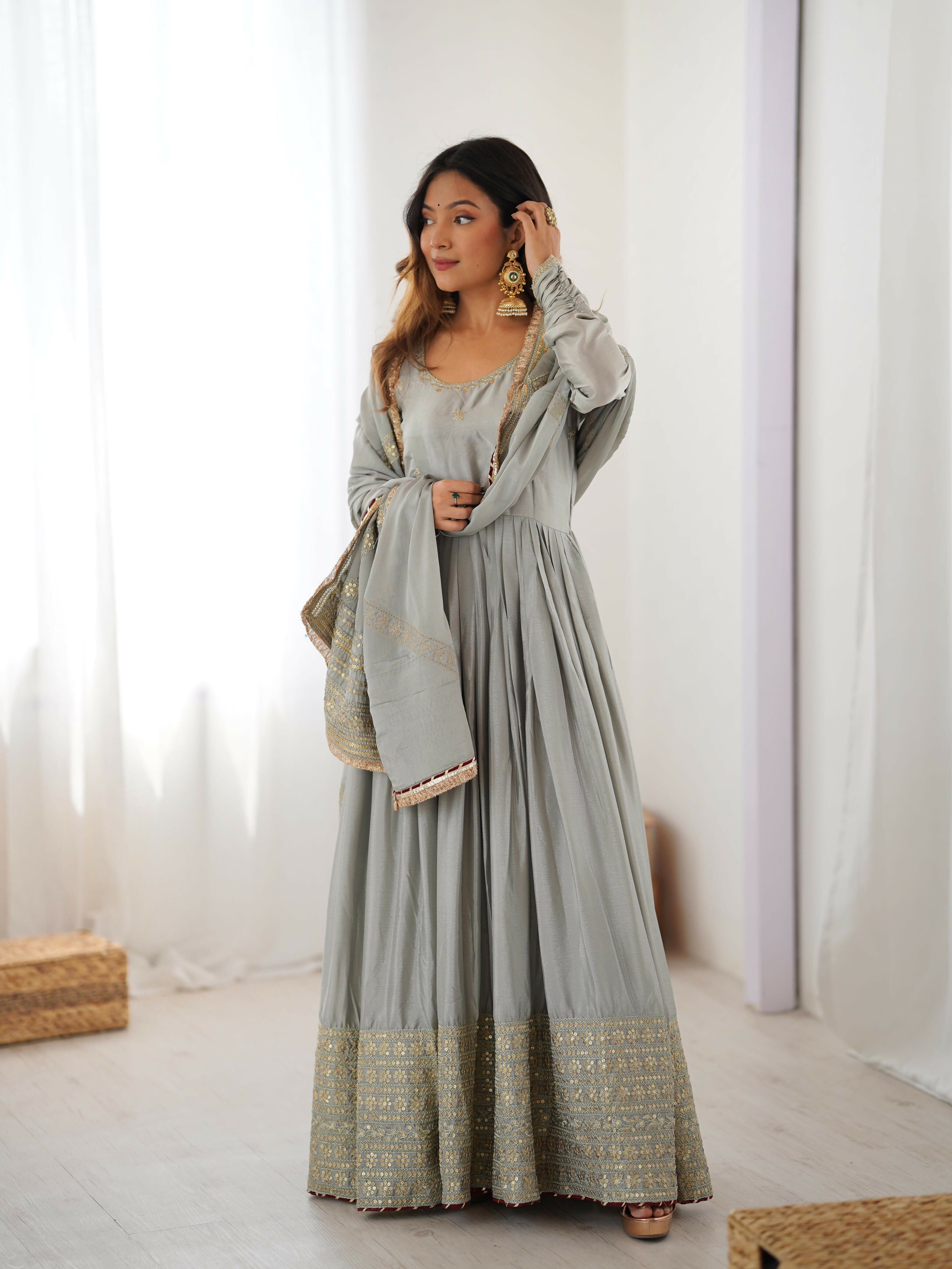 Joban Fashion grey Kurta set with Pant Chinon silk Thread with Sequins work