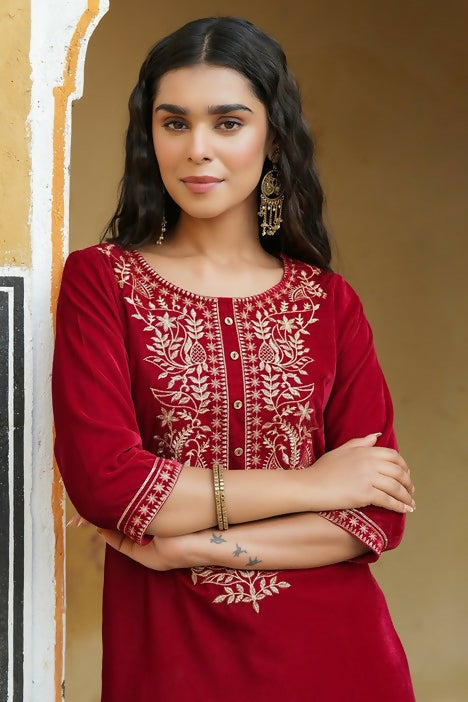 Juniper Maroon Ethnic Motif Printed Velvet Straight Kurta With Zari Work Embroidery - Distacart