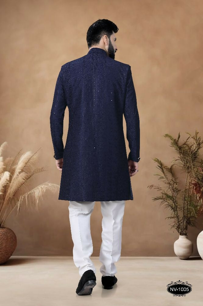 Joban Fashion Men's Blue Straight Silk Heavy Thread & Sequence Embroidery All Over Indo-Western Kurta Set - Distacart