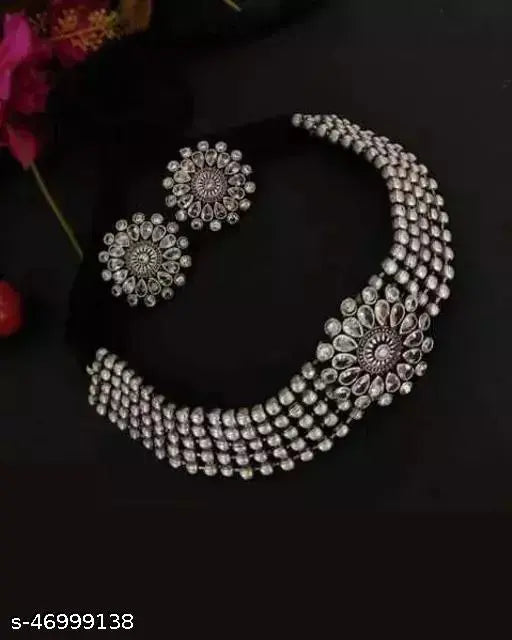 Tehzeeb Creations Women's Silver Colour Oxidised Necklace And Earrings With Kundan - Distacart