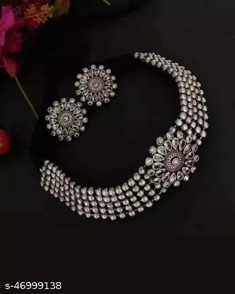 Tehzeeb Creations Women's Silver Colour Oxidised Necklace And Earrings With Kundan - Distacart