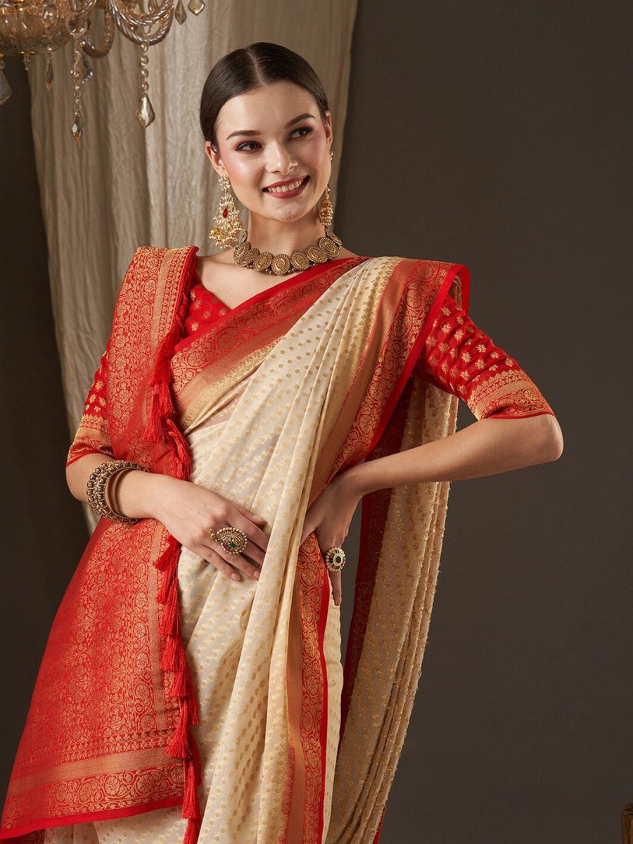 Anouk Off White & Red Woven Design Zari Pure Georgette Kanjeevaram Saree - Distacart