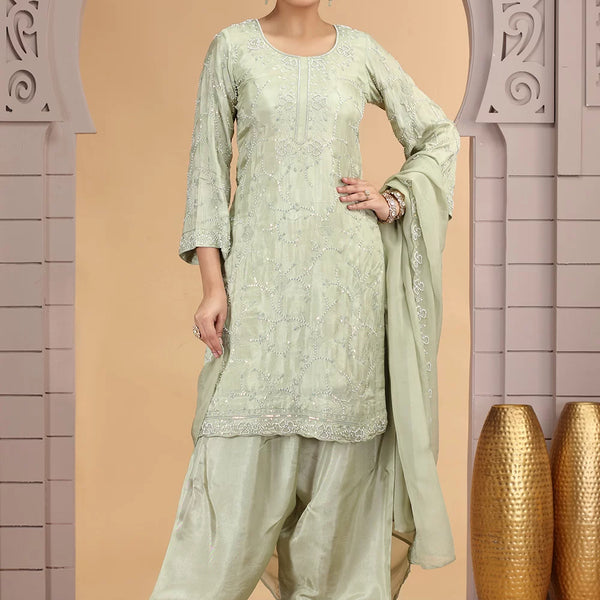 Chhap Light Green Colour Satin Silk Hand Work Salwar Suit