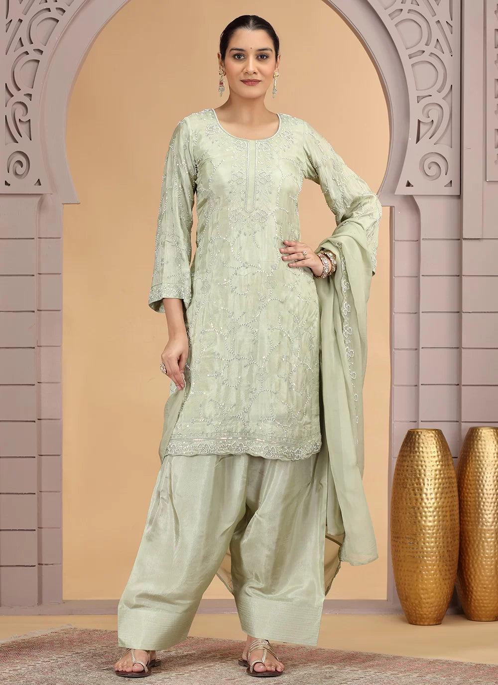 Chhap Light Green Colour Satin Silk Hand Work Salwar Suit - Distacart