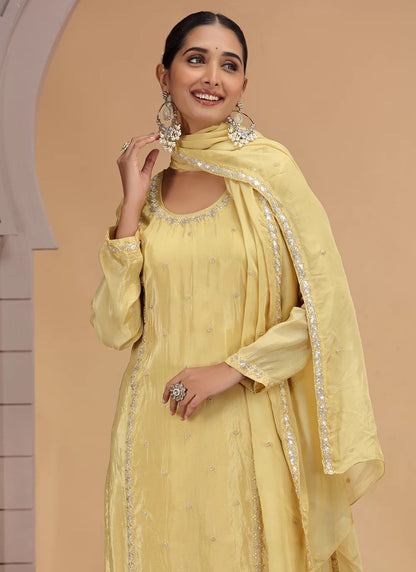 Chhap Yellow Colour Satin Silk Hand Work Salwar Suit - Distacart