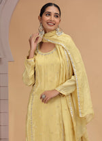 Thumbnail for Chhap Yellow Colour Satin Silk Hand Work Salwar Suit
