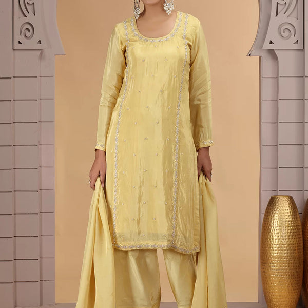 Chhap Yellow Colour Satin Silk Hand Work Salwar Suit