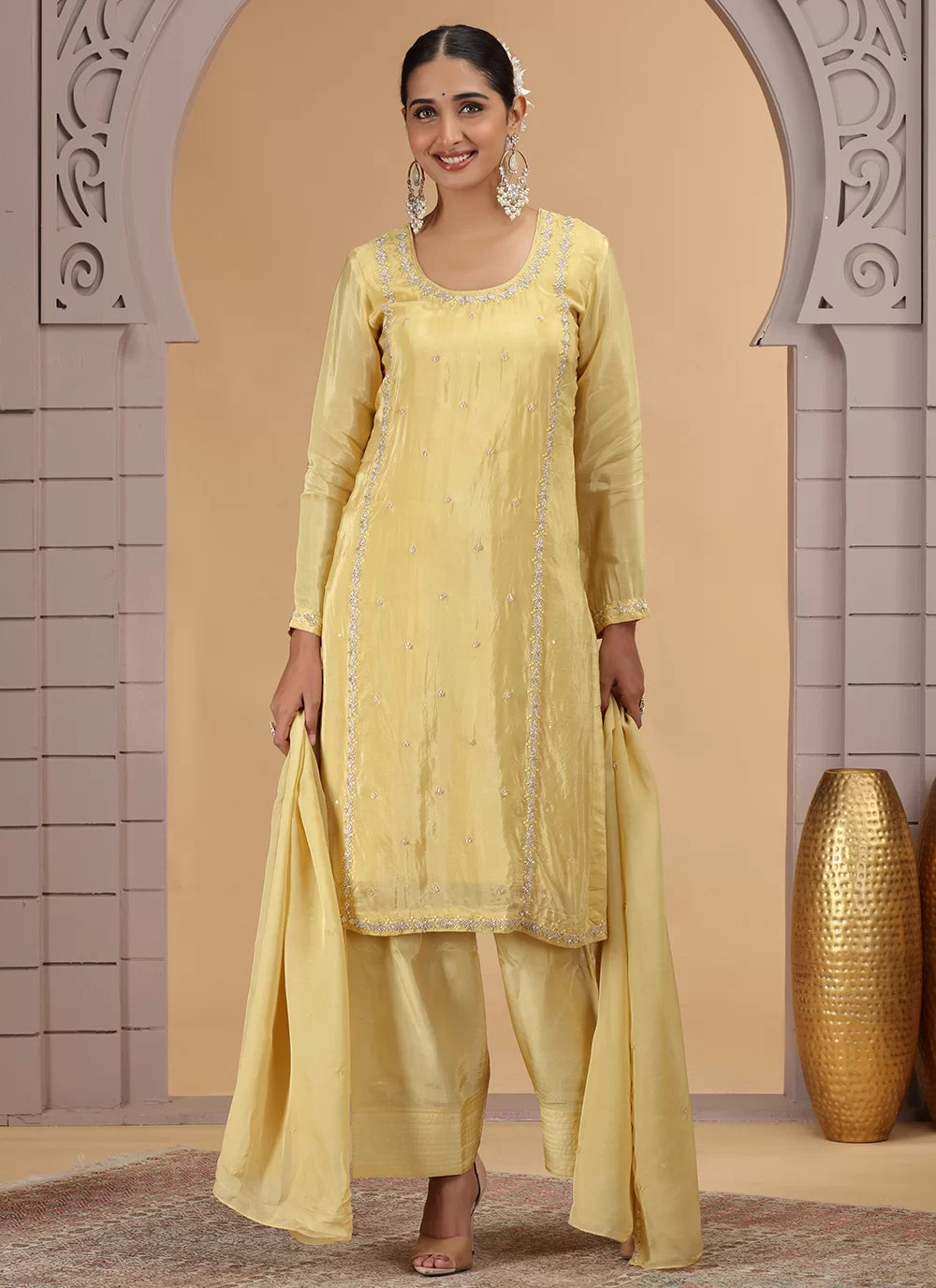 Chhap Yellow Colour Satin Silk Hand Work Salwar Suit - Distacart