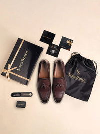 Thumbnail for LOUIS STITCH Men Rosewood Formal Slip-On Tassel Moccasin Shoes