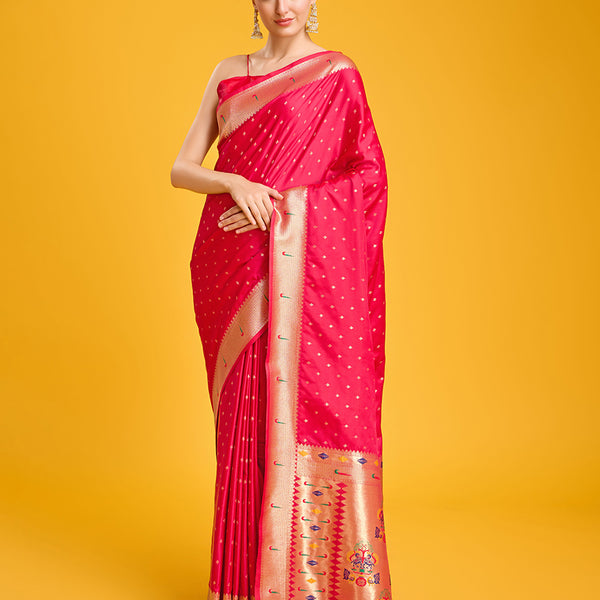 Monjolika Fashion Opulent Paithani In Regal Bright Pink Color With Gold Weaves Delicate Zari Work Silk Saree - Distacart