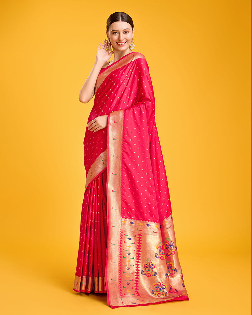 Monjolika Fashion Opulent Paithani In Regal Bright Pink Color With Gold Weaves Delicate Zari Work Silk Saree - Distacart