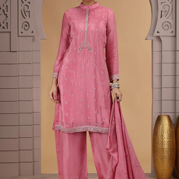 Chhap Pink Colour Satin Silk Hand Work Salwar Suit