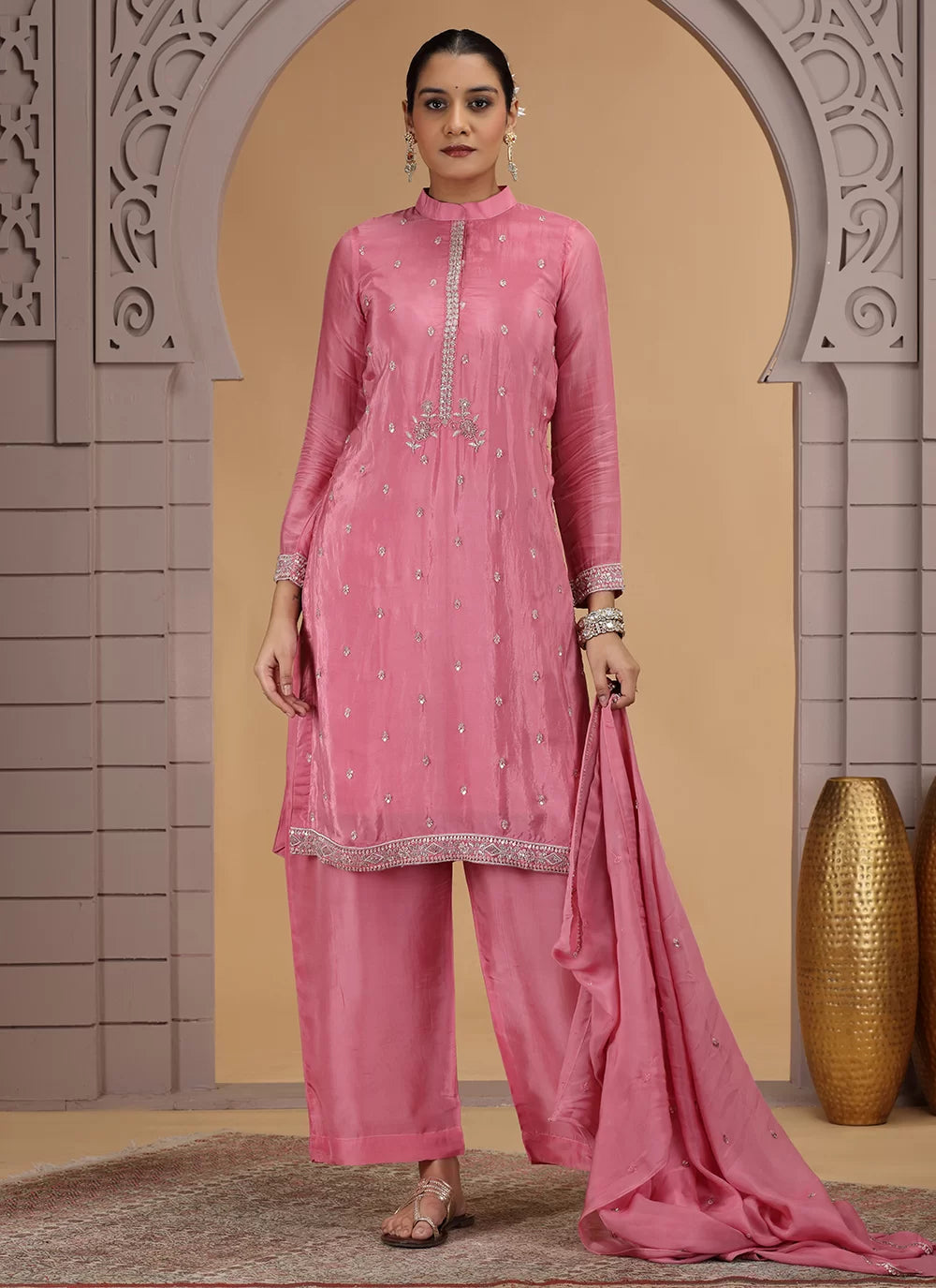 Chhap Pink Colour Satin Silk Hand Work Salwar Suit - Distacart
