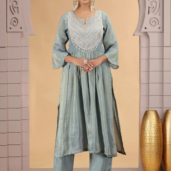 Chhap Firozi Colour Organza Shimmer Hand Work Salwar Suit