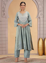 Thumbnail for Chhap Firozi Colour Organza Shimmer Hand Work Salwar Suit