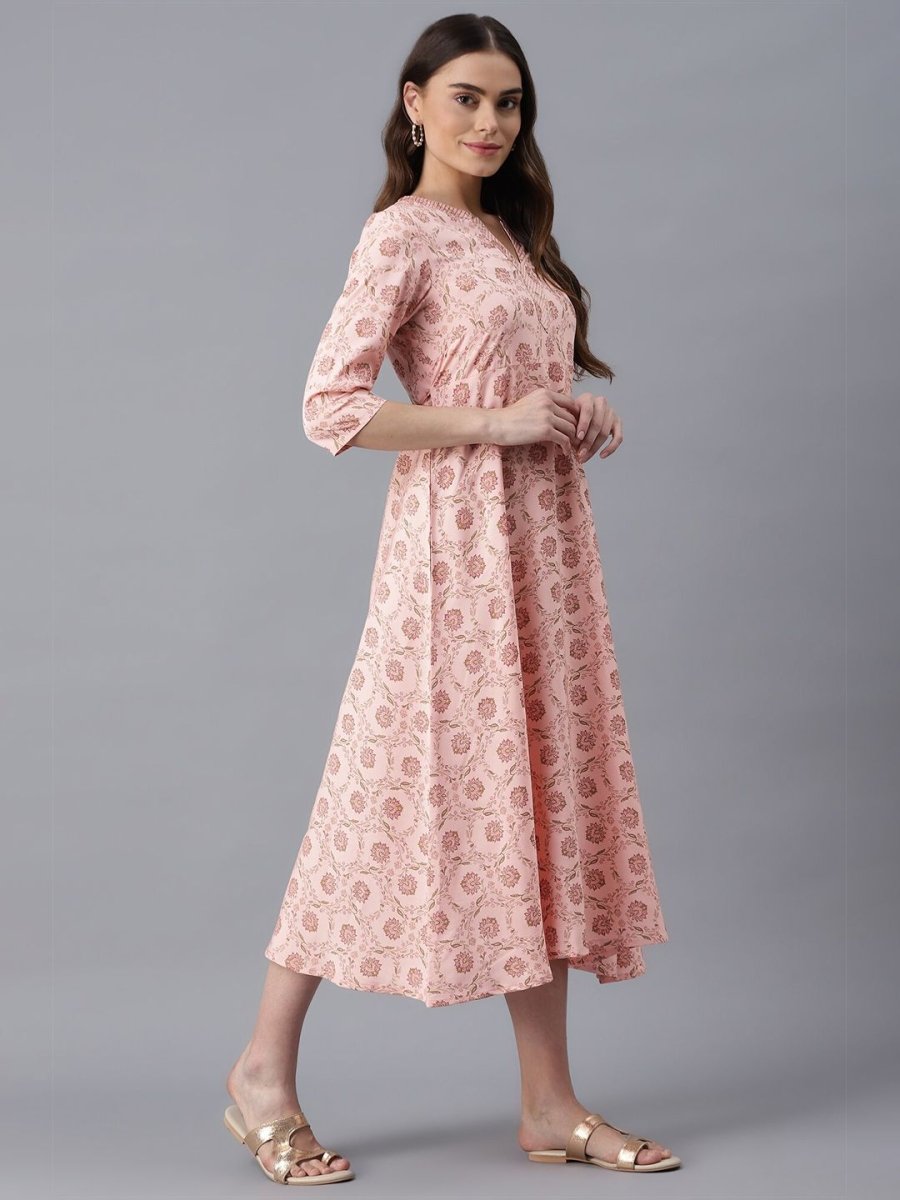 AURELIA Peach-Coloured Floral Ethnic A-Line Midi Dress