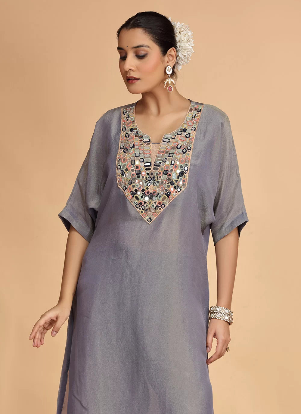 Chhap Grey Colour Organza Shimmer Hand Work Salwar Suit