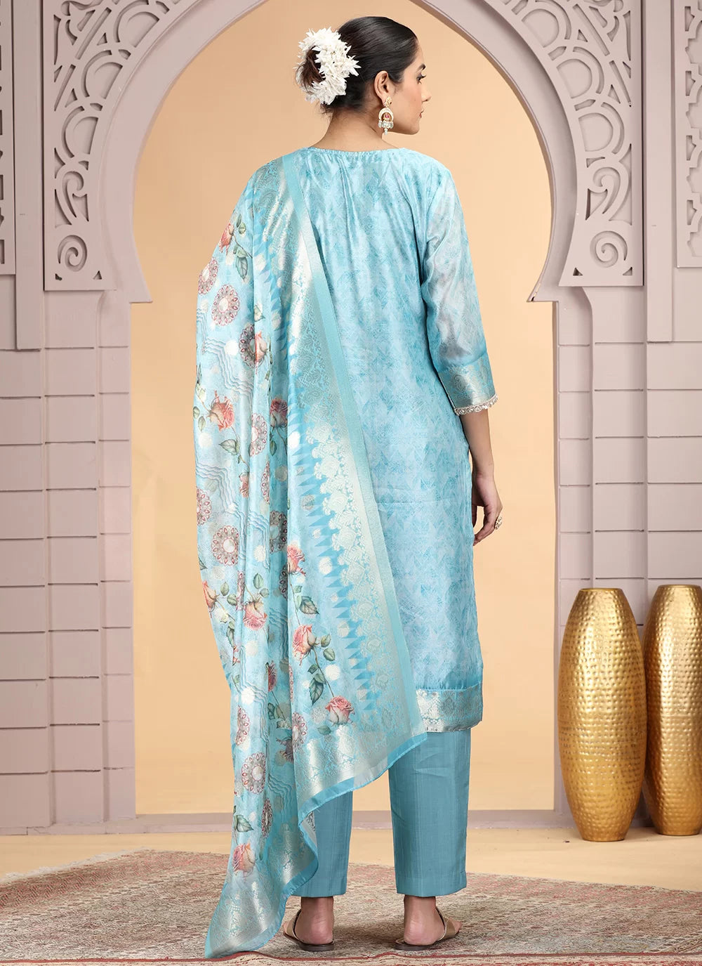 Chhap Organza Jacquard Woven and Hand Work Salwar Suit In Sky Blue Colour