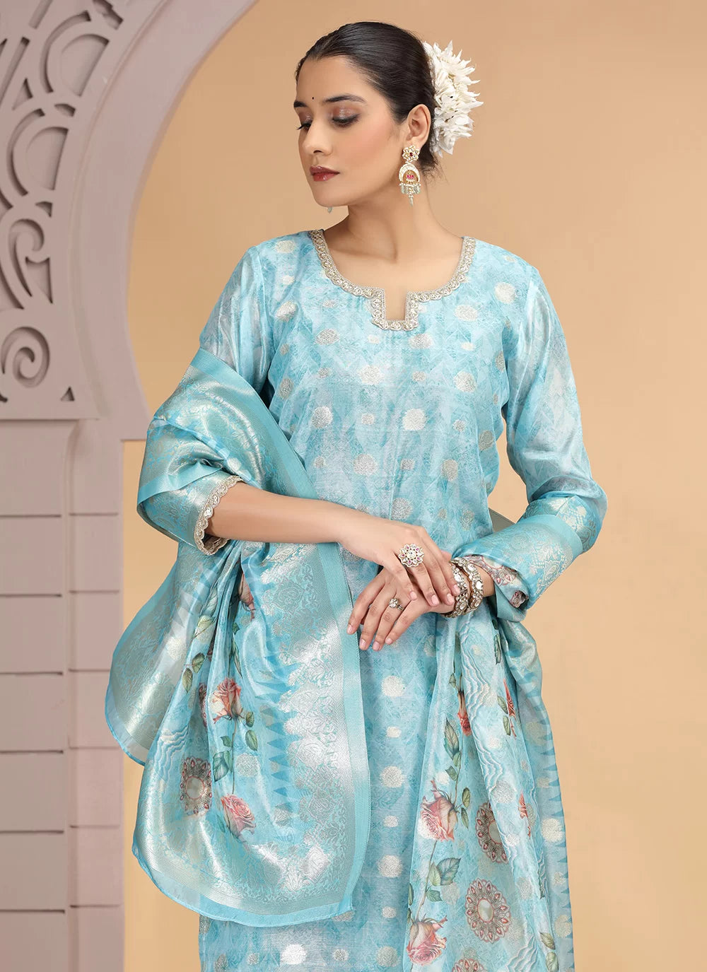 Chhap Organza Jacquard Woven and Hand Work Salwar Suit In Sky Blue Colour