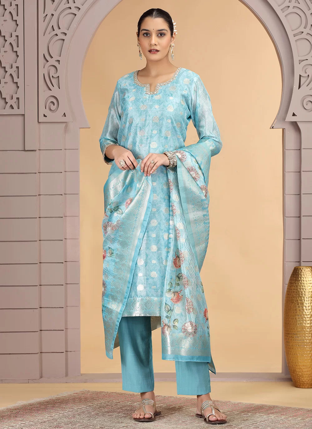 Chhap Organza Jacquard Woven and Hand Work Salwar Suit In Sky Blue Colour