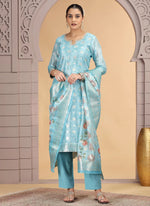 Thumbnail for Chhap Organza Jacquard Woven and Hand Work Salwar Suit In Sky Blue Colour
