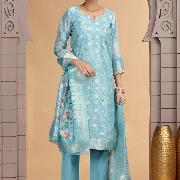 Chhap Organza Jacquard Woven and Hand Work Salwar Suit In Sky Blue Colour