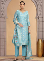 Thumbnail for Chhap Organza Jacquard Woven and Hand Work Salwar Suit In Sky Blue Colour