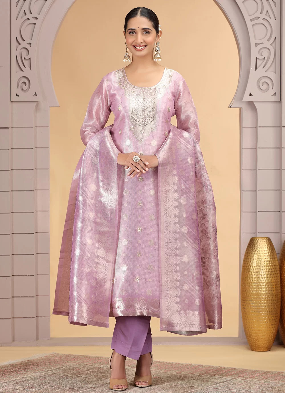 Chhap Organza Jacquard Woven and Hand Work Salwar Suit In Purple Pink Colour - Distacart