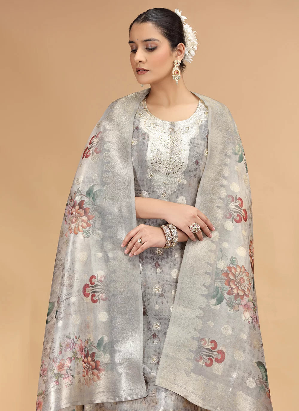 Chhap Organza Jacquard Woven and Hand Work Salwar Suit In Grey Brown Colour
