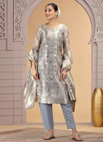 Thumbnail for Chhap Organza Jacquard Woven and Hand Work Salwar Suit In Grey Brown Colour