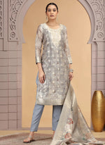 Thumbnail for Chhap Organza Jacquard Woven and Hand Work Salwar Suit In Grey Brown Colour