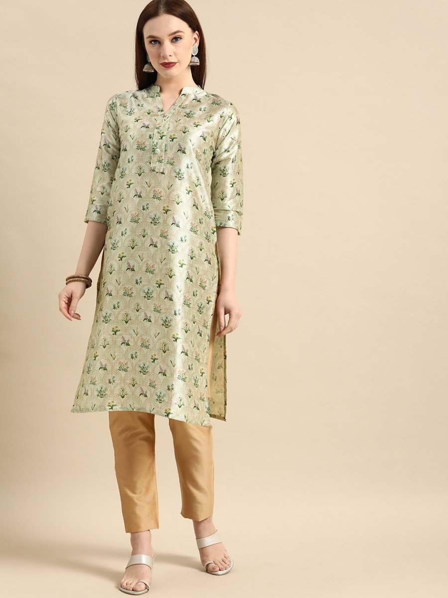 All About You Women Sea Green Floral Block Print Mandarin Collar Chanderi Silk Blend Kurta - Distacart