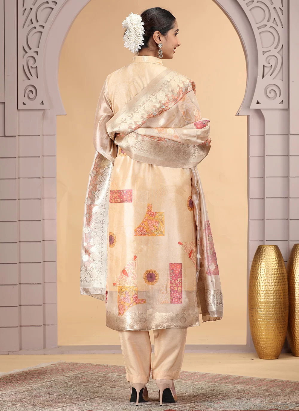 Chhap Organza Jacquard Woven and Hand Work Salwar Suit In Black Golden Colour