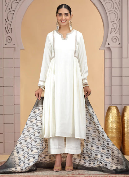 Chhap Chiffon Printed and Hand Work Salwar Suit In Off White Colour - Distacart