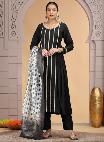 Chhap Chiffon Printed and Hand Work Salwar Suit In Black Colour