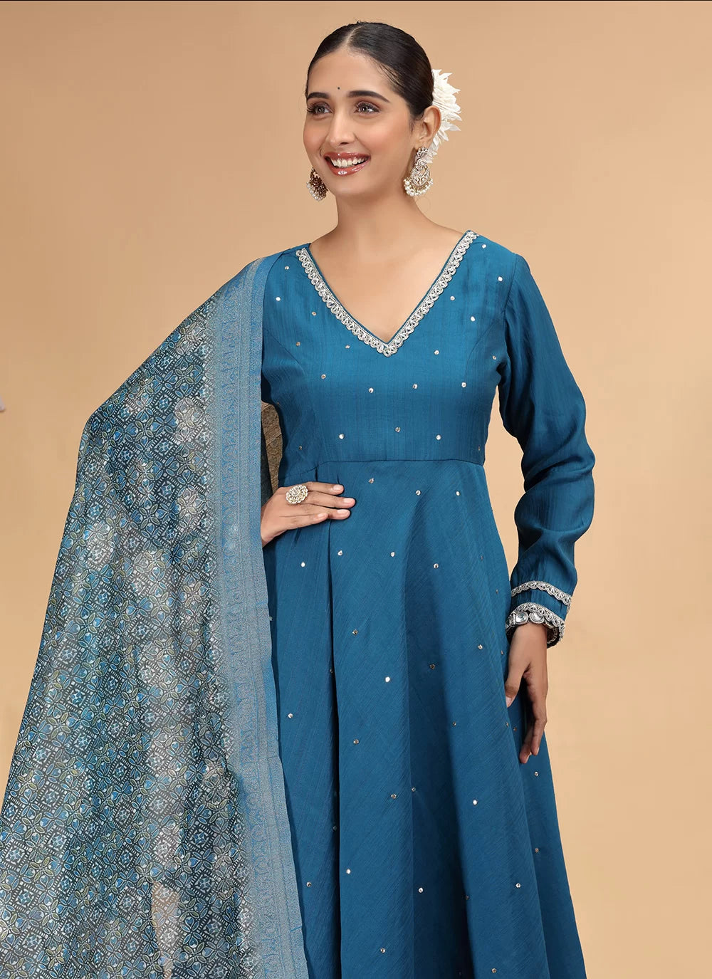 Chhap Teal Blue Colour Chiffon Hand Work Salwar Suit