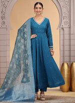 Thumbnail for Chhap Teal Blue Colour Chiffon Hand Work Salwar Suit