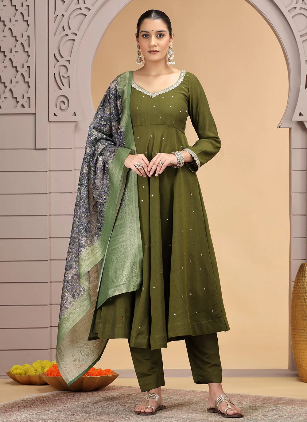 Chhap Green Colour Chiffon Hand Work Salwar Suit