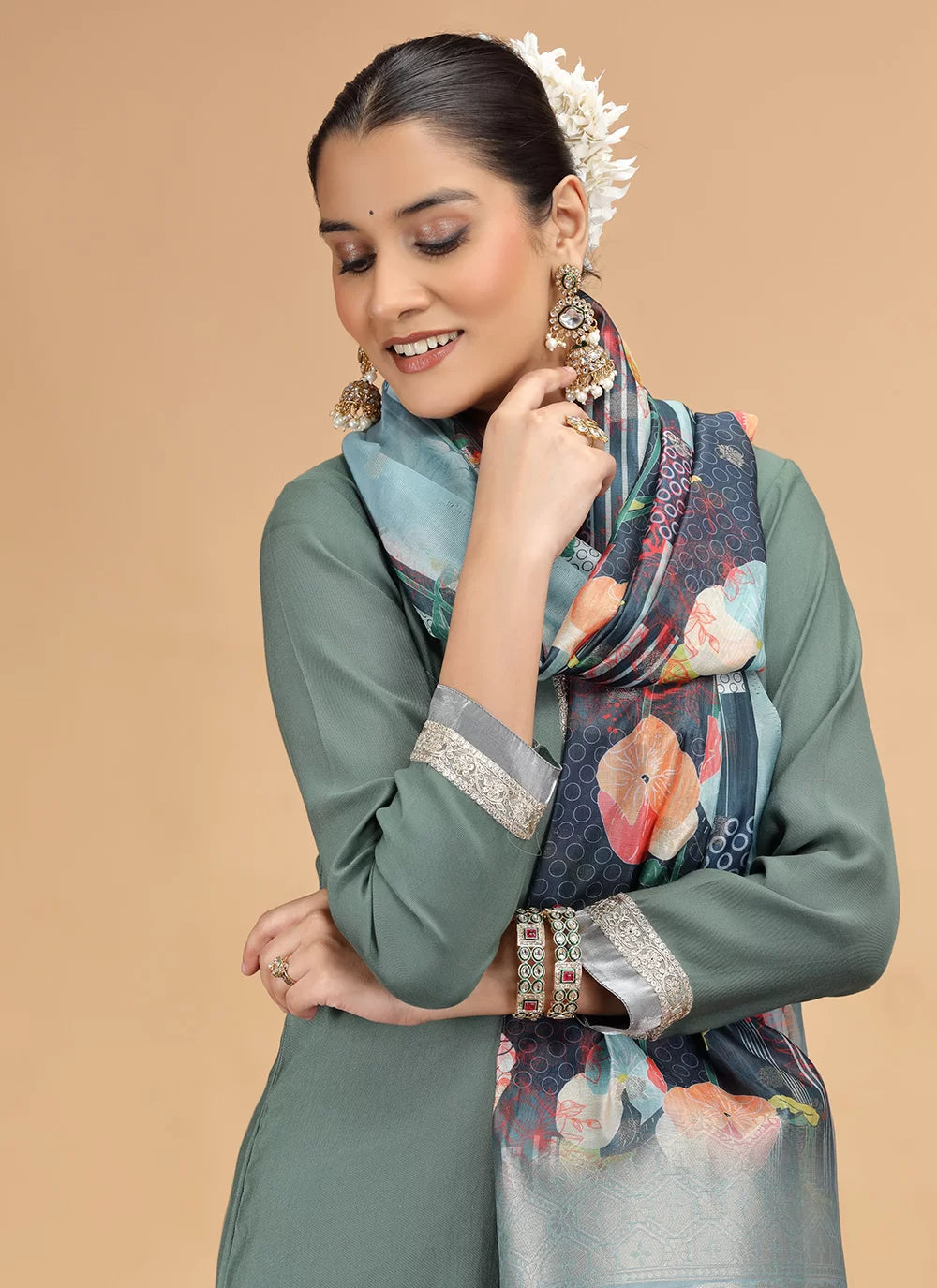 Chhap Tissue Green Colour Chiffon Hand Work Salwar Suit