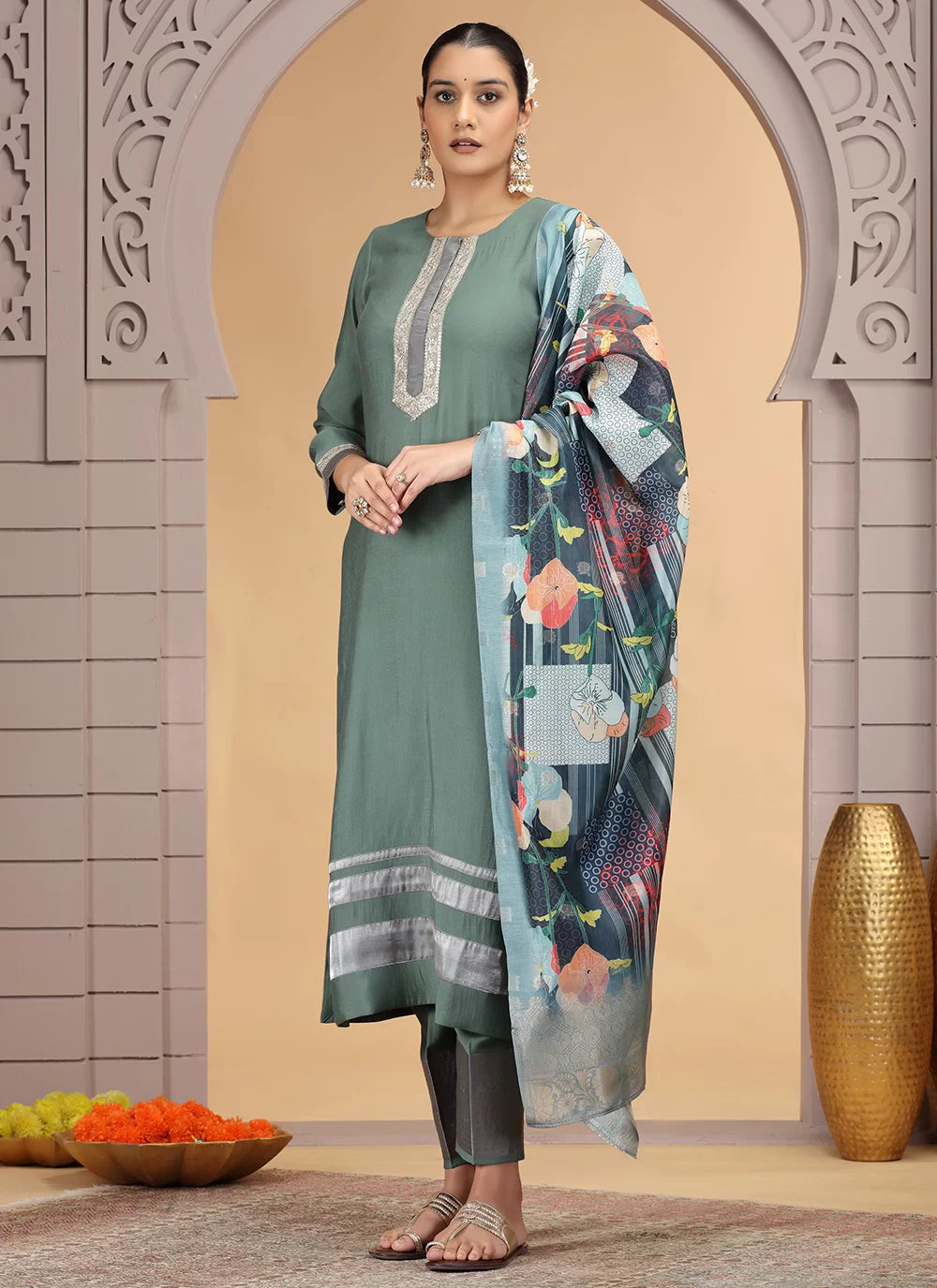Chhap Tissue Green Colour Chiffon Hand Work Salwar Suit - Distacart