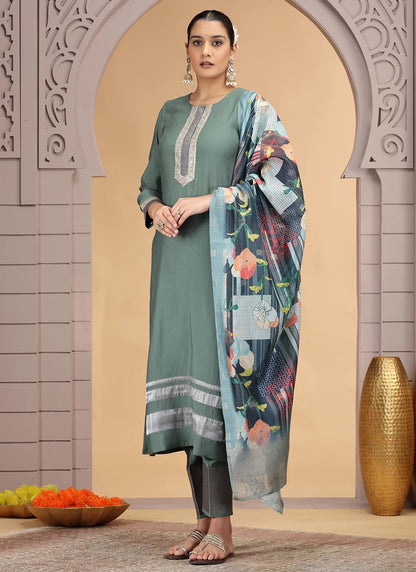 Chhap Tissue Green Colour Chiffon Hand Work Salwar Suit - Distacart