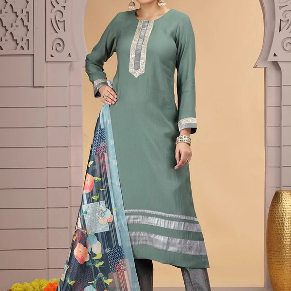 Chhap Tissue Green Colour Chiffon Hand Work Salwar Suit