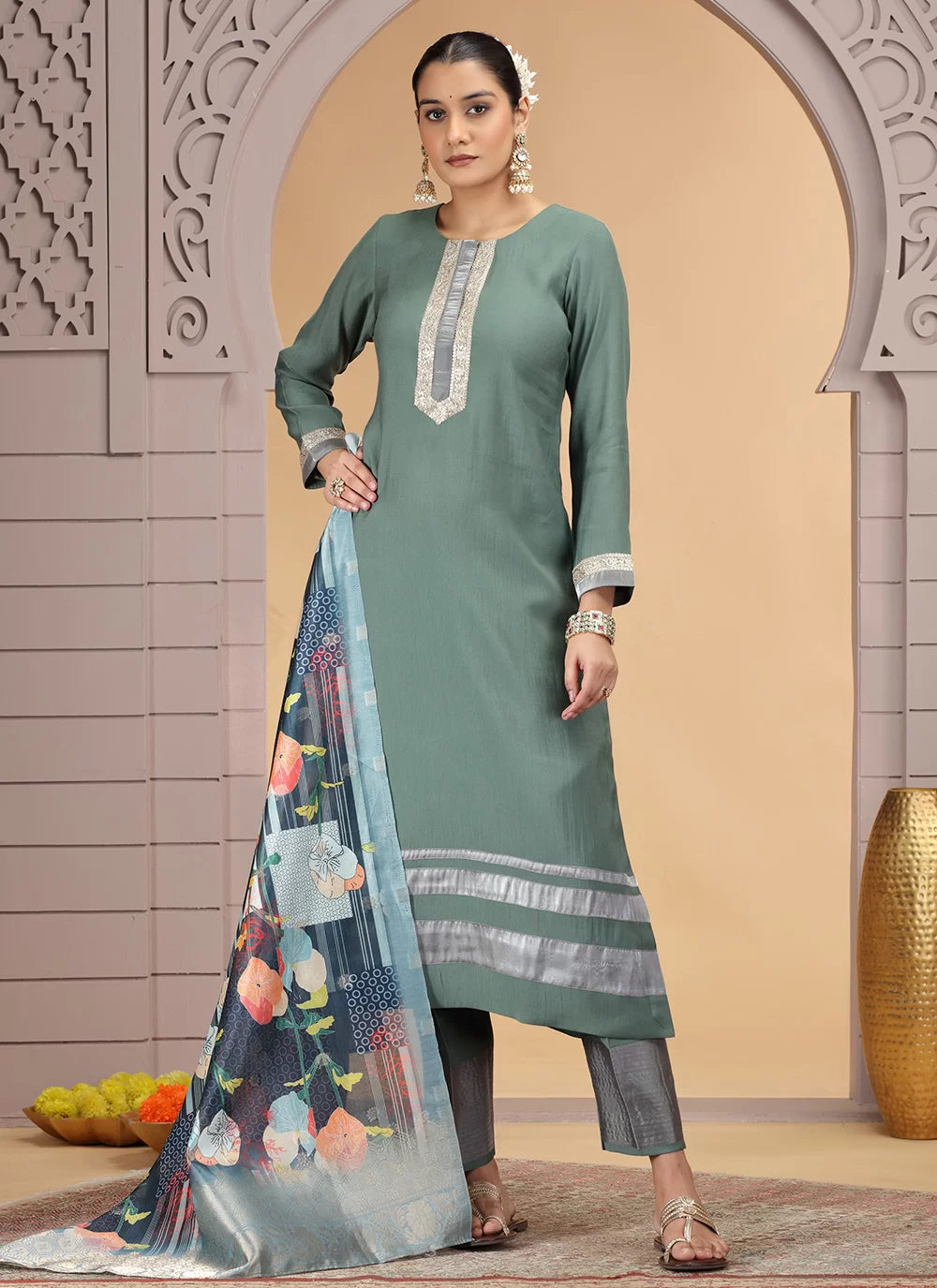 Chhap Tissue Green Colour Chiffon Hand Work Salwar Suit - Distacart