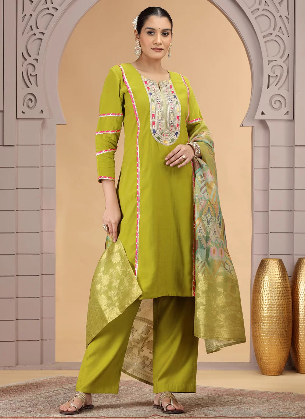 Chhap Mehendi Yellow Colour Chiffon Embroidery Salwar Suit - Distacart