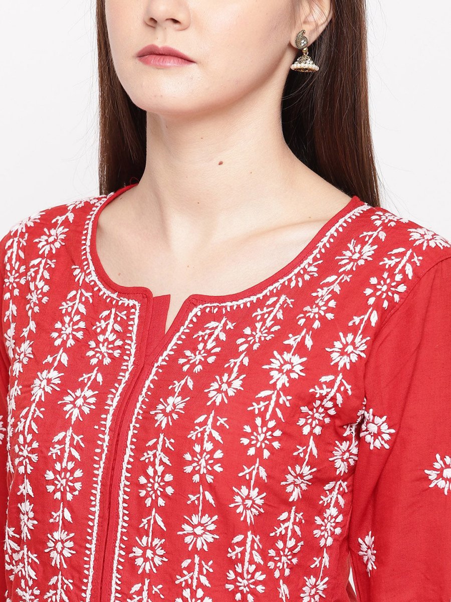 ADA Women Red & White Chikankari Hand Embroidered Straight Sustainable Kurta - Distacart