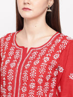 Thumbnail for ADA Women Red & White Chikankari Hand Embroidered Straight Sustainable Kurta - Distacart