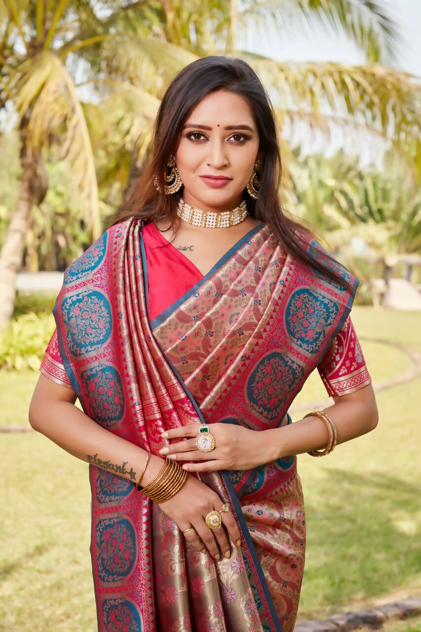 Vastranavya Boutique Collection Kanjivaram Soft Silk Saree With Unstitched Blouse - Coral - Distacart