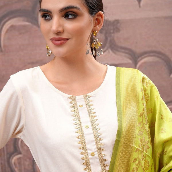 Vishudh Cream Embroidered Straight Kurta with Palazzo & Dupatta - Distacart