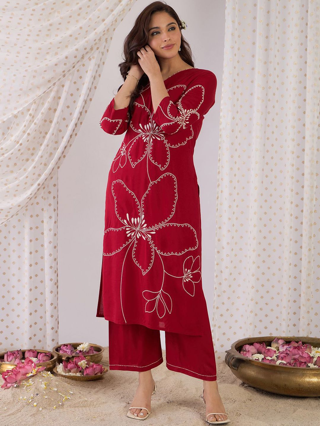 Indo Era Floral Embroidered Beads And Stones Straight Kurta With Palazzos - Distacart